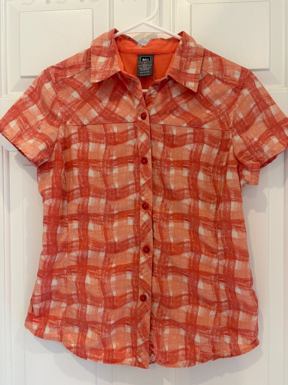 REI Women’s Short Sleeve Button Down Blouse Shirt Orange Plaid Hiking Size S 4-8